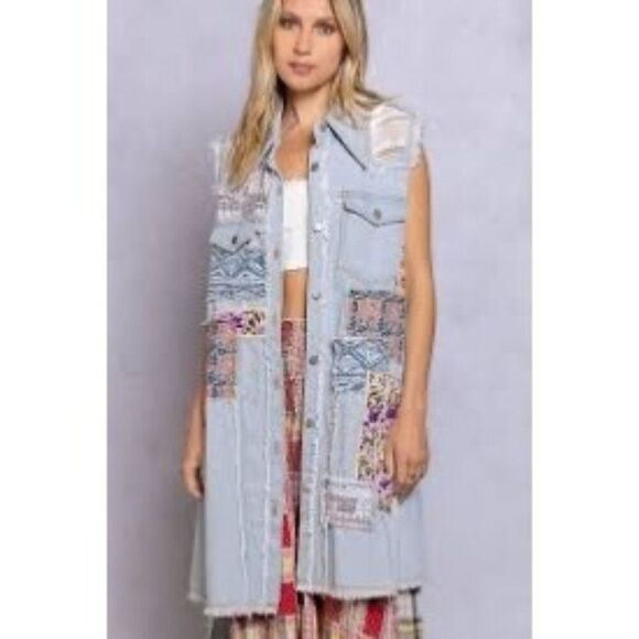 POL Sleeveless Boho Denim Patchwork Dress/ Vest Size Small - Picture 1 of 16